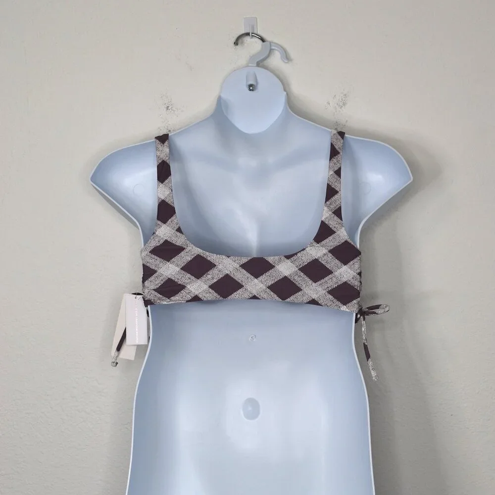 Raisins Bikini Top Bralette Swim Sz L Plaid Demi Cups Adjustable Preppy Boho NWT